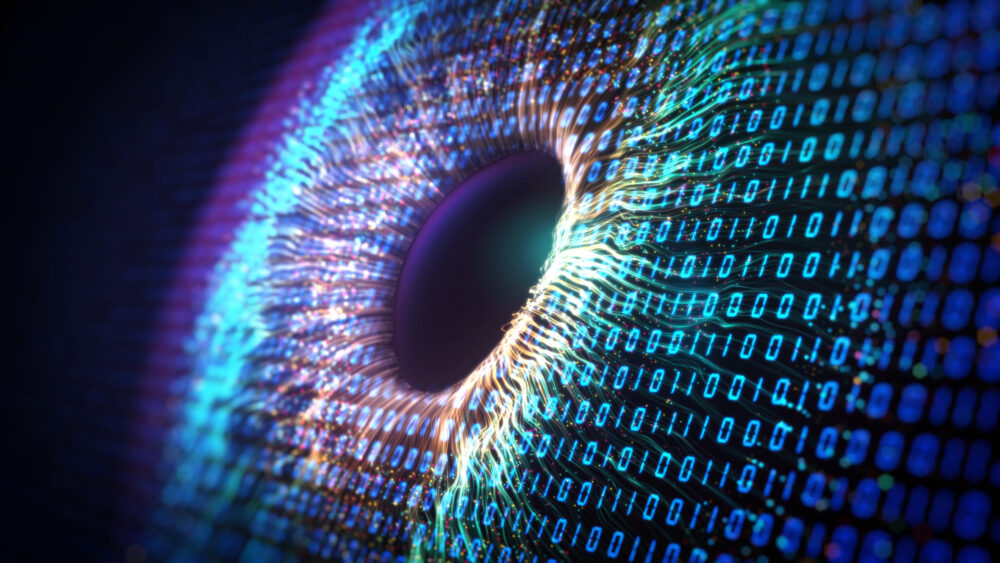 Human multicolored iris of the eye animation concept. Rainbow lines after a flash scatter out of a bright binary circle and forming volumetric a human
eye iris and pupil. 3d rendering background 4K