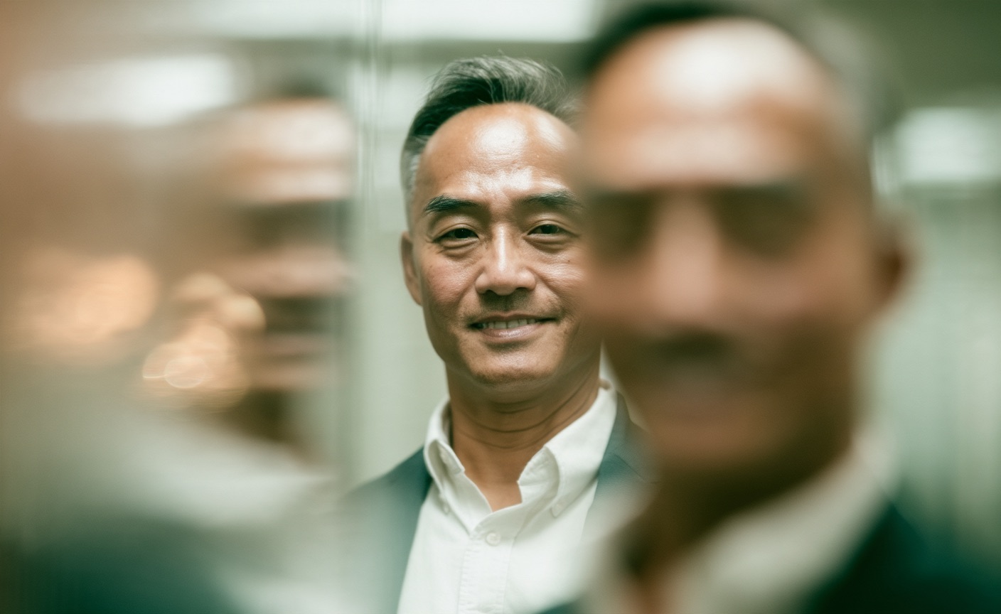 David kim, smiling, portrait in mirror with reflections and refractions, subtle gold and green accents --chaos 25 --ar 44:27 --sref https://s.mj.run/72nltMeiH2M https://s.mj.run/2_rPnVLqczw https://s.mj.run/JMF-awyVW8Q --edit https://s.mj.run/gDMxcvI5zPo --stylize 600 --v 8.2 Job ID: 484ca18f-cf39-4b5d-8220-cacb6fd83c67